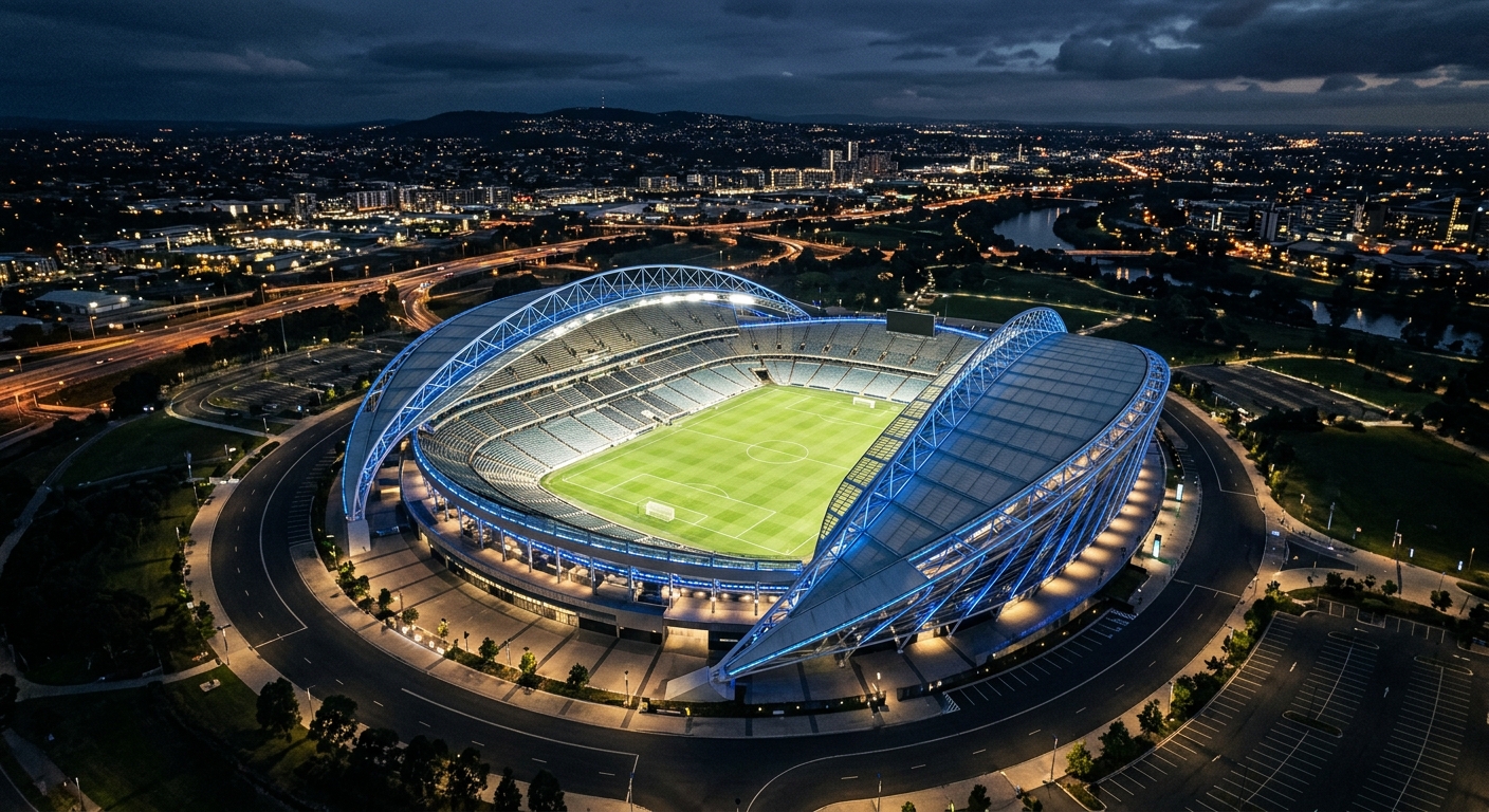 Modern sports stadium at night