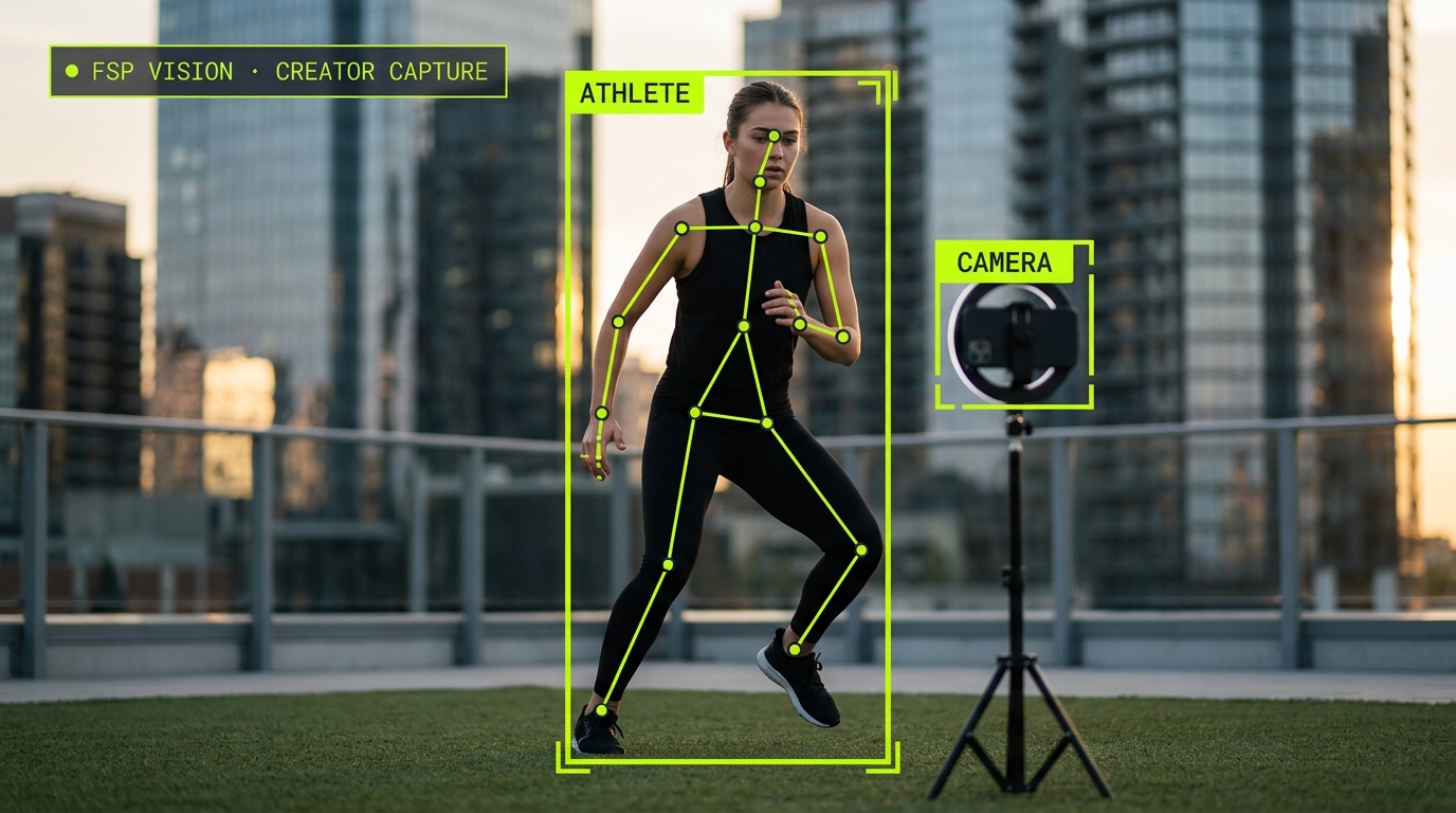 A female professional athlete in dark training gear captured mid-pivot on an open-air rooftop at dusk, with a smartphone on a ring-light tripod in the mid-ground filming her workout. FSP Vision overlay shows a lime ATHLETE box around her full figure, a CAMERA box around the phone rig, a full pose skeleton traced onto her body, and an FSP VISION CREATOR CAPTURE HUD chip in the top-left corner.
