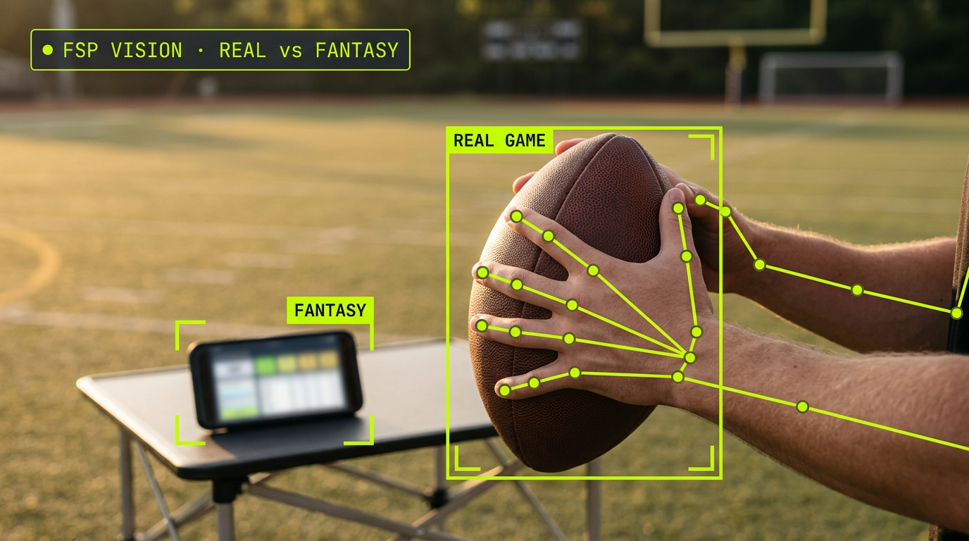 A pair of hands cradling a brown leather American football in sharp focus, with a blurred smartphone on a side table in the mid-ground. FSP Vision overlay shows a lime REAL GAME box around the football, a FANTASY box around the blurred phone, hand-tracking keypoints on the fingers gripping the ball, and an FSP VISION REAL vs FANTASY HUD chip in the top-left corner.