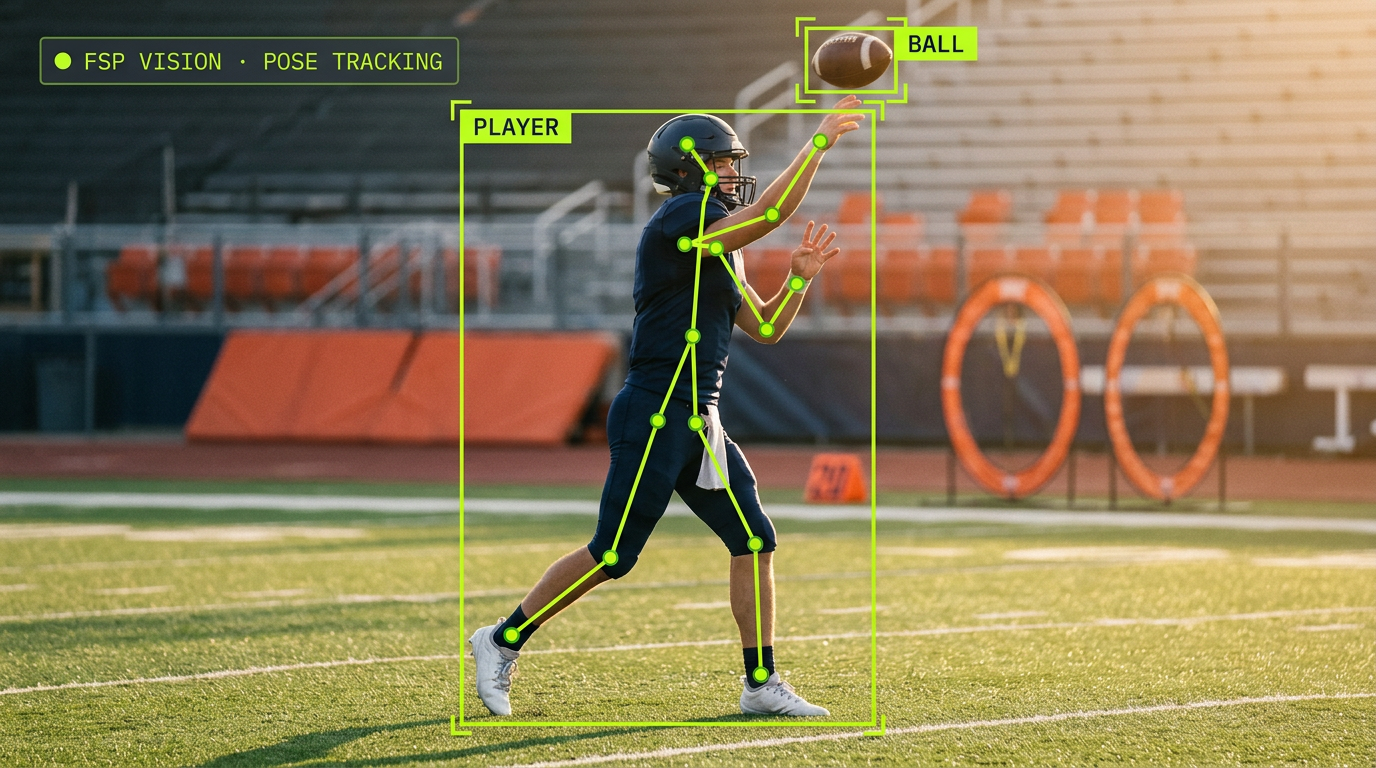 FSP Vision live tracking overlay on a college quarterback mid-throw during an outdoor fan skill challenge: a lime bounding box labeled PLAYER frames the entire athlete from helmet to cleats, a smaller lime bounding box labeled BALL tracks the football released above his head, and a FSP Vision live tracking HUD chip sits in the top-left corner. Inflatable accuracy target rings and a stadium bowl are visible in the background under golden-hour light.