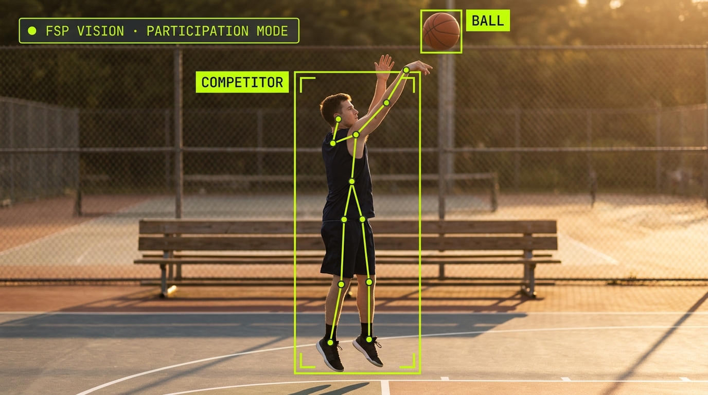 A young male basketball player captured at the release of a mid-range jumpshot on a mostly-empty outdoor community court at golden hour. FSP Vision overlay shows a lime COMPETITOR box around his full figure, a smaller lime BALL box on the basketball mid-flight, a full pose-estimation skeleton traced onto his shooting form, and an FSP VISION PARTICIPATION MODE HUD chip in the top-left corner.
